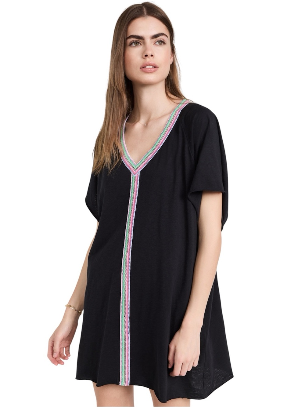 Pitusa V-Neck Tunic Beach Cover-up in Black with multicolor trim
